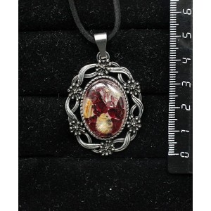 Кулон из волосатика и граната (кабошон-мозаика), овал 25х18мм, оправа "торжество"