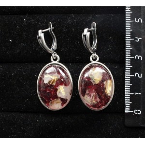Серьги из волосатика и граната (кабошон-мозаика), простой овал 25х18мм, швензы посеребрение