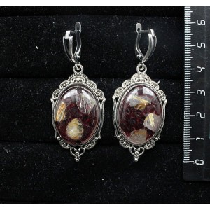 Серьги из волосатика и граната (кабошон-мозаика), овал 25х18мм, оправа "медальон", швензы посеребрение