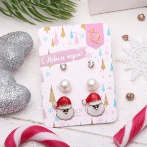 Пусеты 3 пары "Новогоднее ассорти" дед мороз, цветные (пластик, стразы, эмаль, бижутерный сплав)