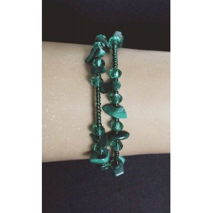 Браслет из малахита и хрусталя, галтовка на струнке, 1-2 оборота + бисер