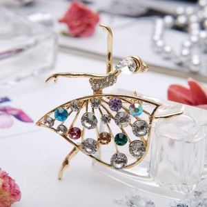 Брошь "Балерина" в платье, цветная, цвет золотистый (стразы, бижутерный сплав)