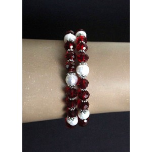 Браслет из жемчуга белого и красного хрусталя, шарик 6-7мм, на струнке, 2-3 оборота
