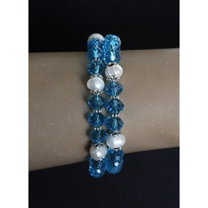 Браслет из жемчуга белого и голубого хрусталя, шарик 6-7мм, на струнке, 2-3 оборота