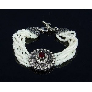 Браслет с бисером 7нитей Рубин в темном мельхиоре, 20см