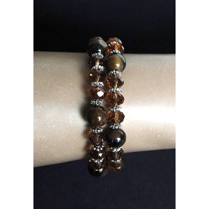 Браслет из тигрового глаза и коричневого хрусталя, шарик 9-10мм, на струнке, 2-3 оборота
