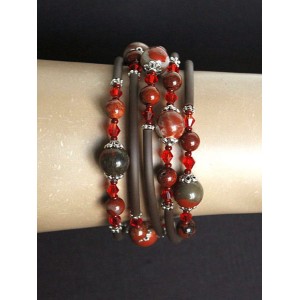 Браслет из яшмы красной, 5 оборотов, шарики 10мм и 6мм с трубочками