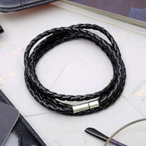 Браслет "Кожаное плетение", цвет чёрный, 82см (искусственная кожа, бижутерный сплав)