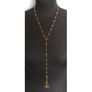 Колье с кисточкой из агата оранжево-зеленого на петельке, длина регулируется, шарики 8мм, 6мм и бисер