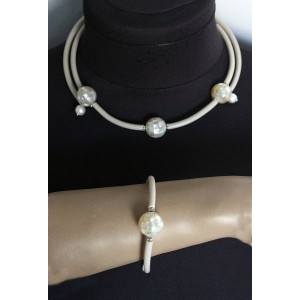 Комплект: колье и браслет из жемчуга и перламутра на струнке, шарики 15мм (мозаика) и 6-7мм