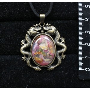 Кулон из турмалина и волосатика (кабошон-мозаика), овал 25х18мм, оправа цвет бронза "2 дракона"