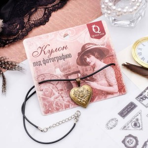 Кулон на шнурке "Для фото" сердце с розой, цвет чернёное золото, 45 см (текстиль, бижутерный сплав)
