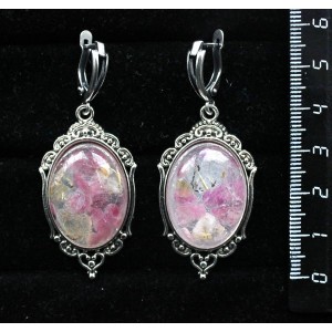 Серьги из турмалина и волосатика (кабошон-мозаика), овал 25х18мм, оправа "медальон", швензы посеребрение