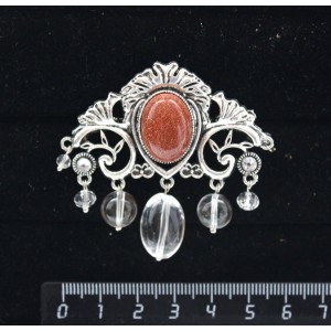 Брошь из авантюрина коричневого (имитация) "трюмо", овал 18х13мм, со стразами и подвесками из горного хрусталя