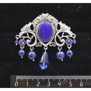 Брошь из кошачьего глаза (иск) цвет синий индиго "трюмо", овал 18х13мм, со стразами и подвесками из хрусталя и лазурита