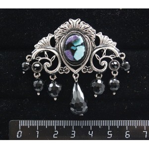 Брошь из чароита и бирюзы (кабошон-мозаика) "трюмо", овал 18х13мм, со стразами и подвесками из черного агата