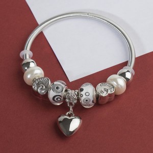 Браслет с жемчугом "Марджери" сердце, цвет чёрно-белый, цвет серебристый (пластик, бижутерный сплав)