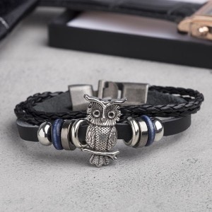 Браслет кожа "Совушка", цвет чёрный, цвет серебристый (дерево, искусственная кожа,  натуральная кожа)