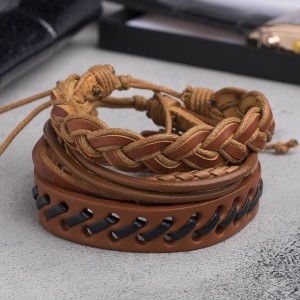 Браслет кожа "Тревел" 3 шт, цвет коричневый (искусственная кожа, натуральная кожа, текстиль)