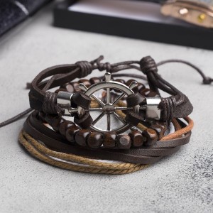Браслет кожа "Мачта" штурвал, цветной (дерево, натуральная кожа, текстиль)