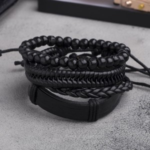Браслет кожа "Батог", цвет чёрный (дерево, искусственная кожа, натуральная кожа, текстиль)