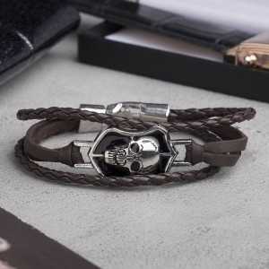Браслет мужской "Гордон" череп, цвет коричневый, цвет серебристый (искусственная кожа,  натуральная кожа, эмаль)