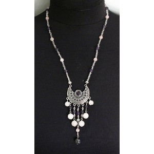 Колье-кулон из аметиста и розового кварца шарик 6, 8 и 10мм, коннектор "колесо"