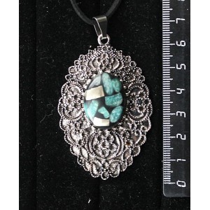 Кулон из амазонита и пирита (кабошон-мозаика), овал 25х18мм, филигрань