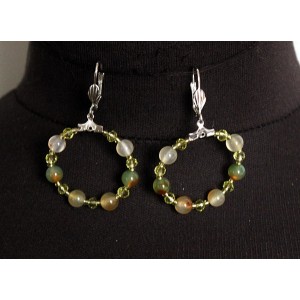 Серьги из агата оранжево-зеленого "круг", диаметр 30мм, шарик 6мм + хрусталь