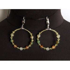 Серьги из агата оранжево-зеленого "круг", диаметр 40мм, шарик 6мм + хрусталь