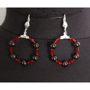 Серьги из граната "круг", диаметр 30мм, шарик 6мм + хрусталь