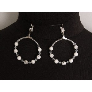 Серьги из камня каулит (имитация кахолонга) "круг", диаметр 40мм, шарик 6мм + хрусталь