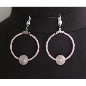 Серьги из кварца розового "круг", диаметр 35мм, шарик 12мм