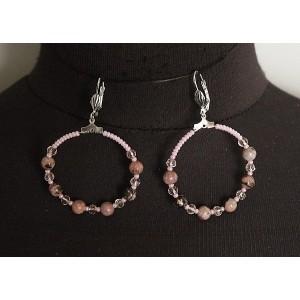 Серьги из родонита "круг", диаметр 40мм, шарик 6мм + хрусталь