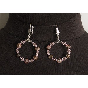 Серьги из родонита "круг", диаметр 30мм, шарик 6мм + хрусталь