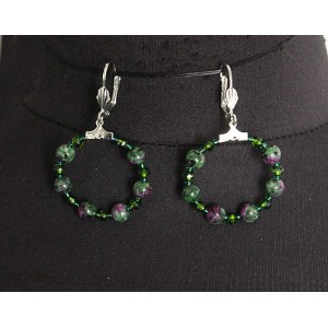 Серьги из цоизита "круг", диаметр 30мм, шарик 6мм + хрусталь