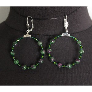 Серьги из цоизита "круг", диаметр 40мм, шарик 6мм + хрусталь