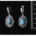 Серьги из агата синего (тонировка), основа "принцесса", овал 14х10мм, швензы посеребрение