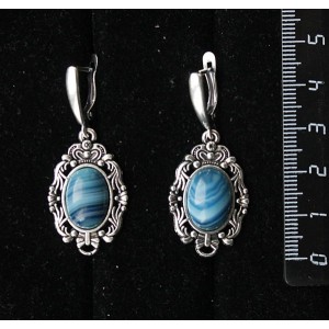 Серьги из агата синего (тонировка), основа "принцесса", овал 14х10мм, швензы посеребрение