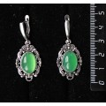 Серьги из агата зеленого (тонировка), основа "принцесса", овал 14х10мм, швензы посеребрение