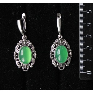 Серьги из агата зеленого (тонировка), основа "принцесса", овал 14х10мм, швензы посеребрение