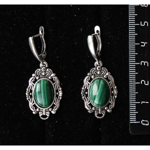 Серьги из малахита, основа "принцесса", овал 14х10мм, швензы посеребрение