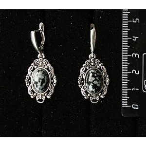 Серьги из обсидиана снежного, основа "принцесса", овал 14х10мм, швензы посеребрение