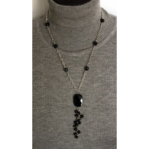 Колье-кулон из агата черного на цепочке, прямоугольник+шарик