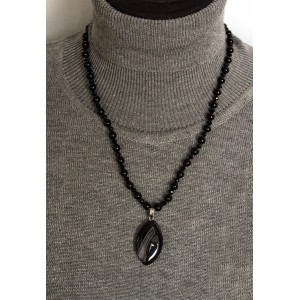 Колье-кулон из агата черного, листик 35х20мм