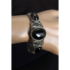 Браслет из агата черного, филигрань, ручная работа, камень овал 25х18мм, овал 18х13мм