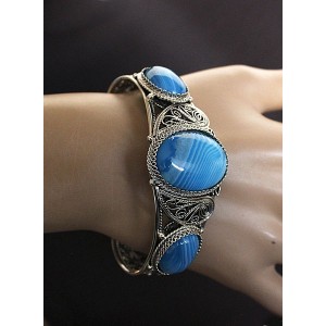 Браслет из агата синего (тонировка), филигрань, ручная работа, камень овал 25х18мм, овал 18х13мм