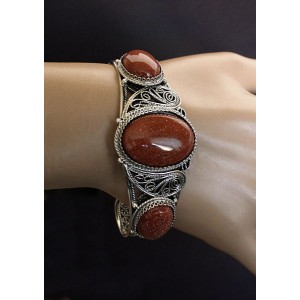 Браслет из авантюрина коричневого (имитация), филигрань, ручная работа, камень овал 25х18мм, овал 18х13мм