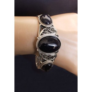 Браслет из авантюрина синего (имитация), филигрань, ручная работа, камень овал 25х18мм, овал 18х13мм