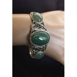 Браслет из авантюрина зеленого, филигрань, ручная работа, камень овал 25х18мм, овал 18х13мм